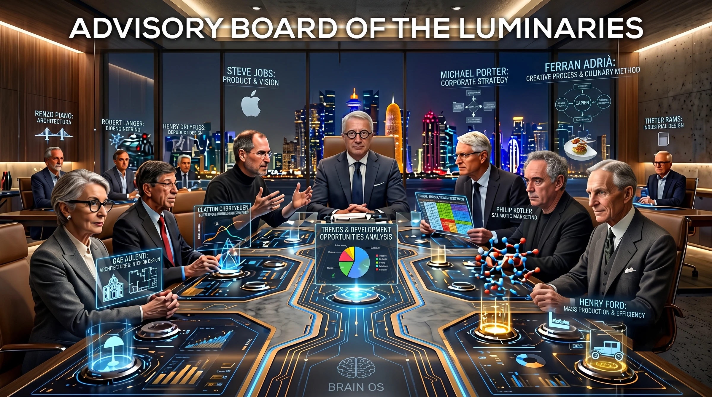 The Advisory Board of the Luminaries — conceptual illustration of the BRAIN OS scientific committee