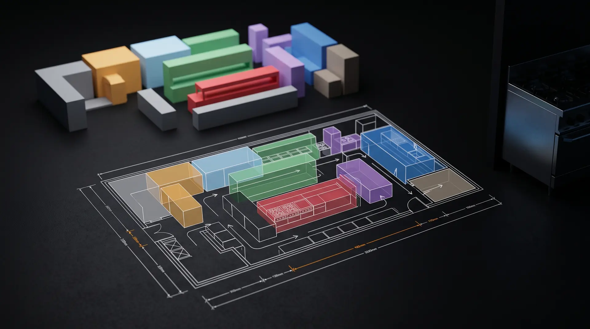 Axonometric plan of a professional kitchen with colour-coded HACCP zones and real equipment dimensions