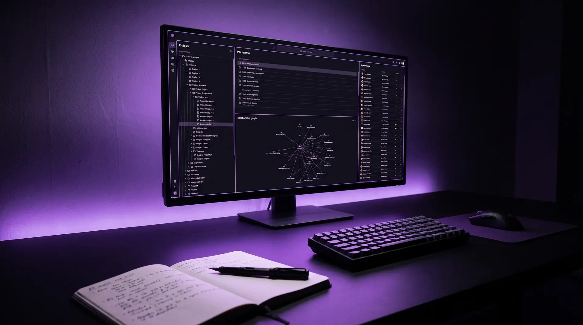 The BRAIN OS Cockpit at night: project hierarchy, agenda and agent activity on a single working surface