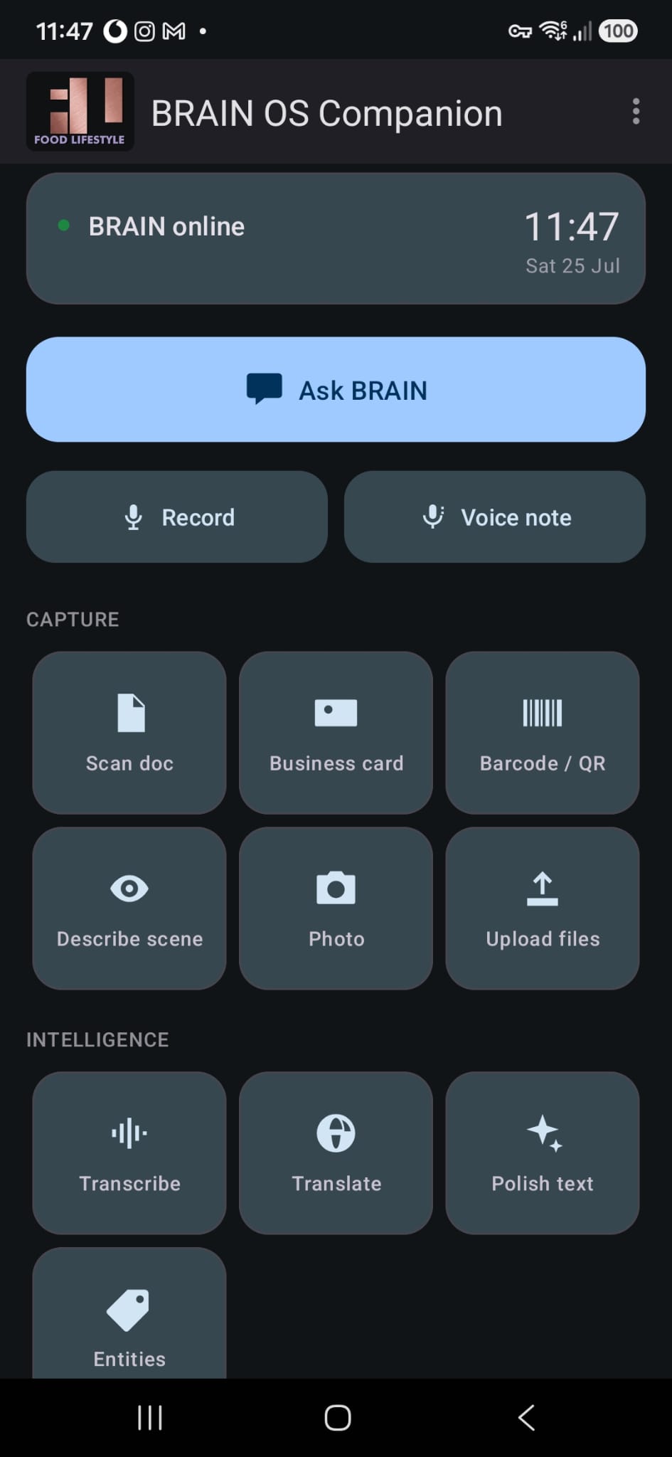 BRAIN OS Companion app on Android: status header, Ask BRAIN, Record and Voice note, and the Capture and Intelligence grids